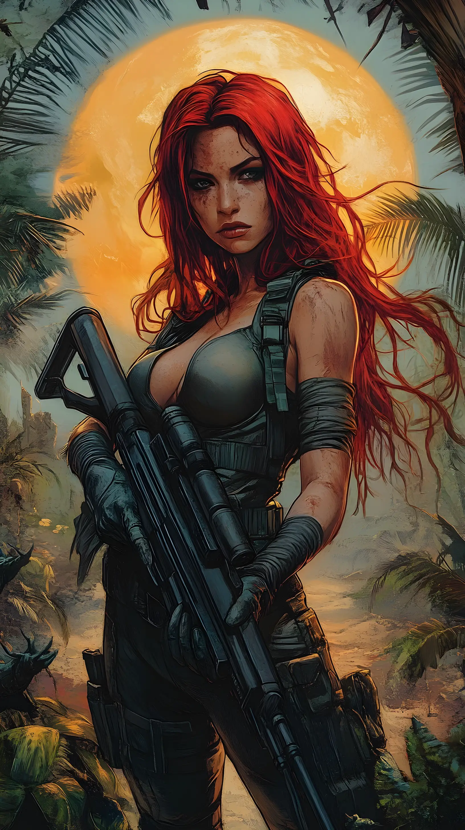 叢林衛星綠洲中手持步槍的科幻女戰士