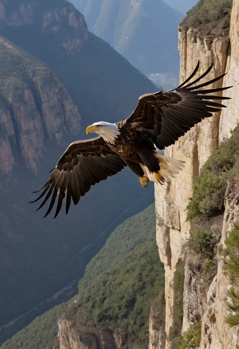 Eagle soaring beside a steep cliff above a wide valley