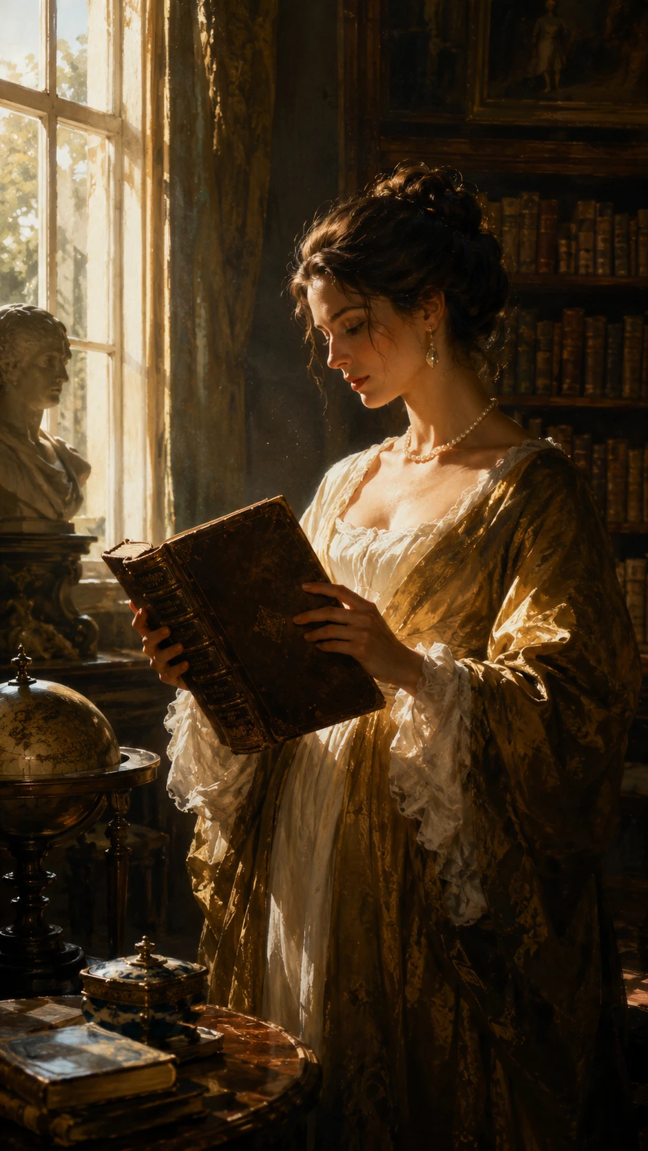 Mujer elegante leyendo en una lujosa biblioteca bañada por el sol