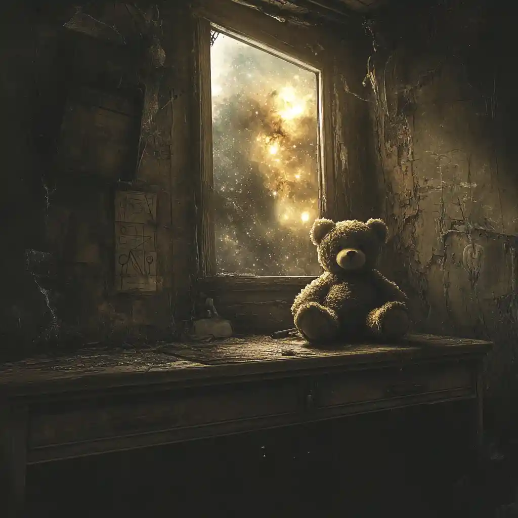Osito de peluche solitario sobre un escritorio polvoriento bajo un inquietante resplandor cósmico