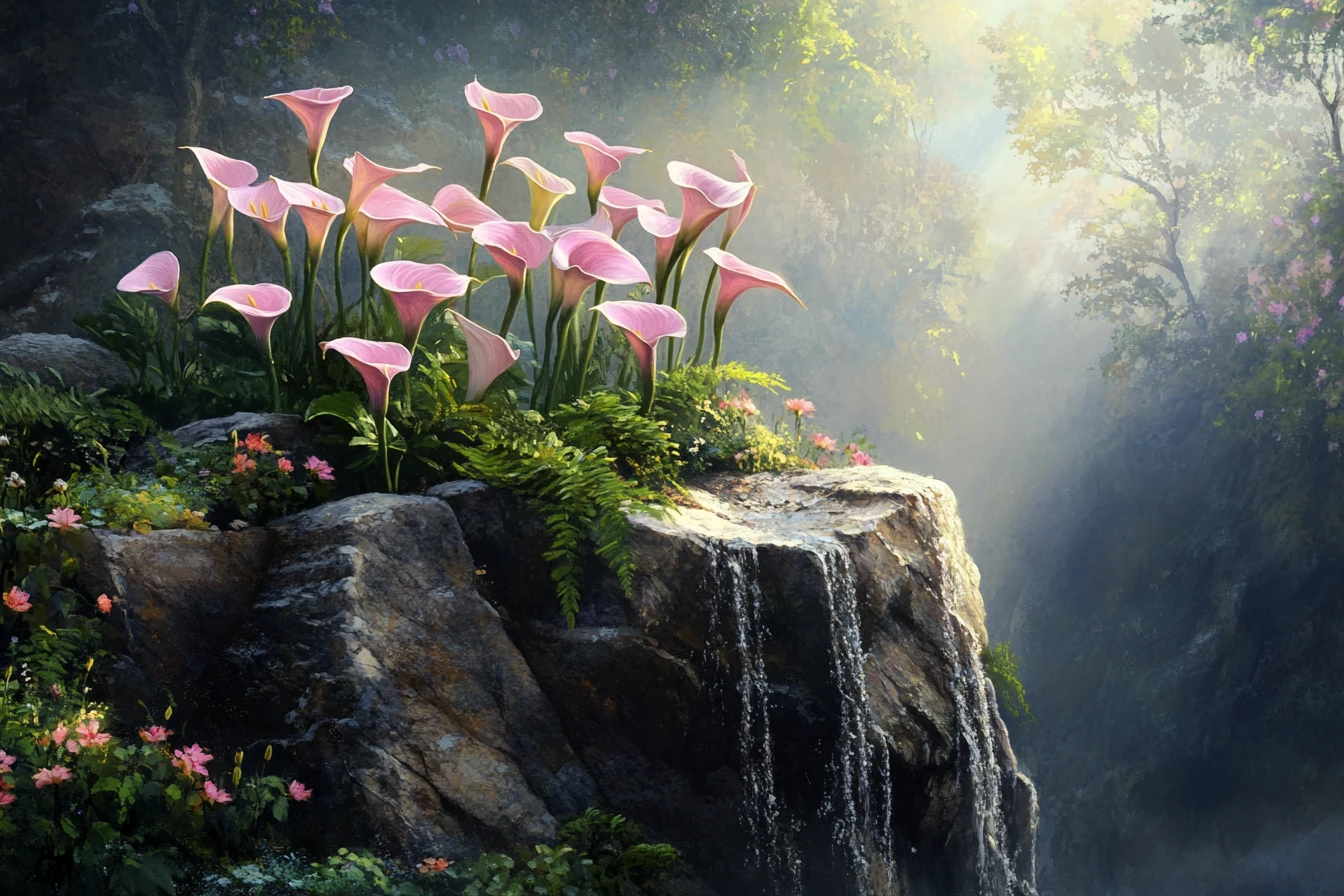 Soft pink calla lilies on a sunlit rocky outcropping