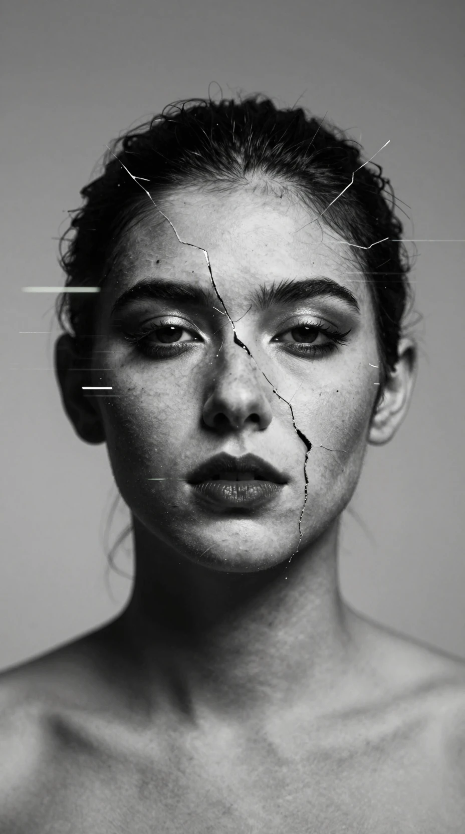 Fractured face graphic with moody colors and deep shadows