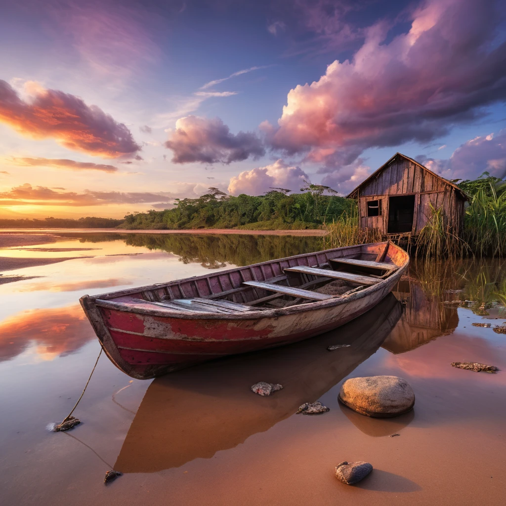 Barca de Madera Abandonada en el Río Orinoco al Atardecer Colorido