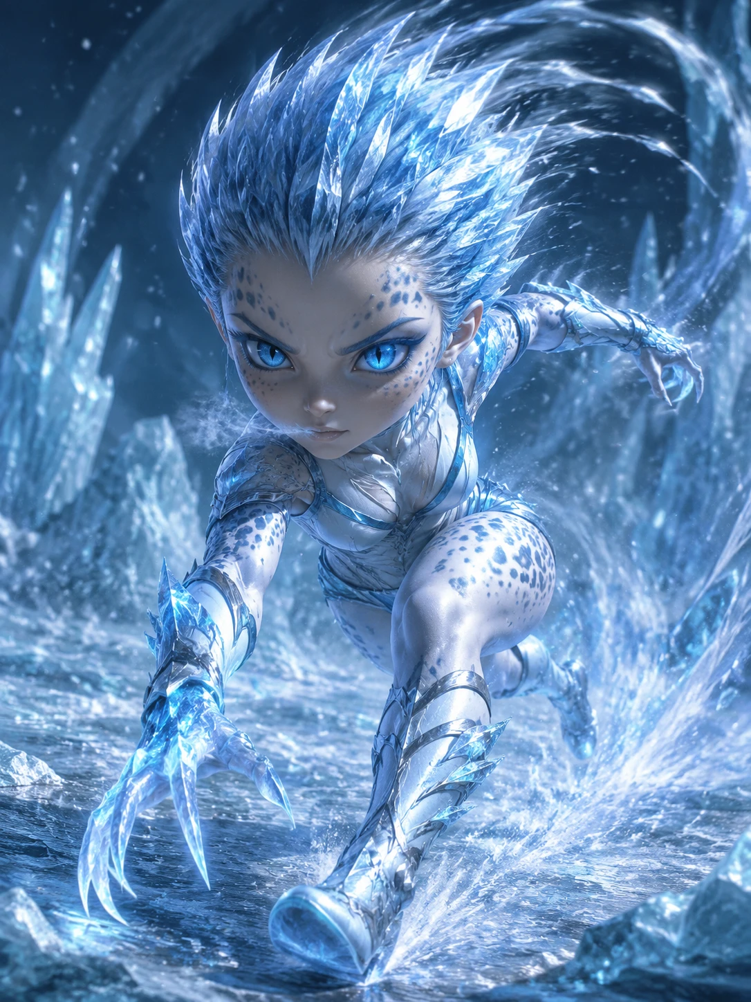 Swift chibi cryomancer sprinting across a frozen battlefield