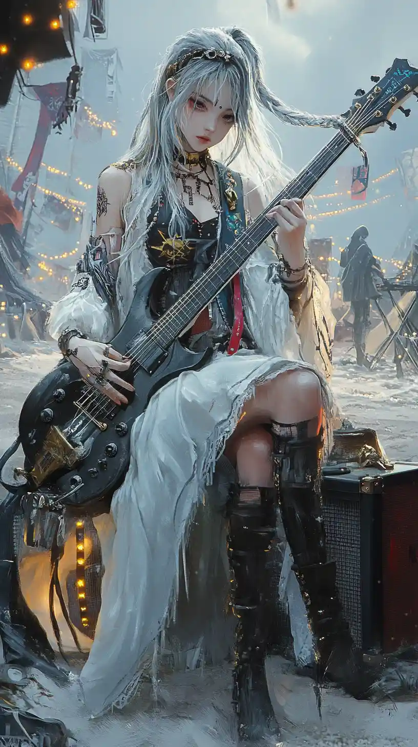 Anime girl playing guitar by a bonfire on the beach