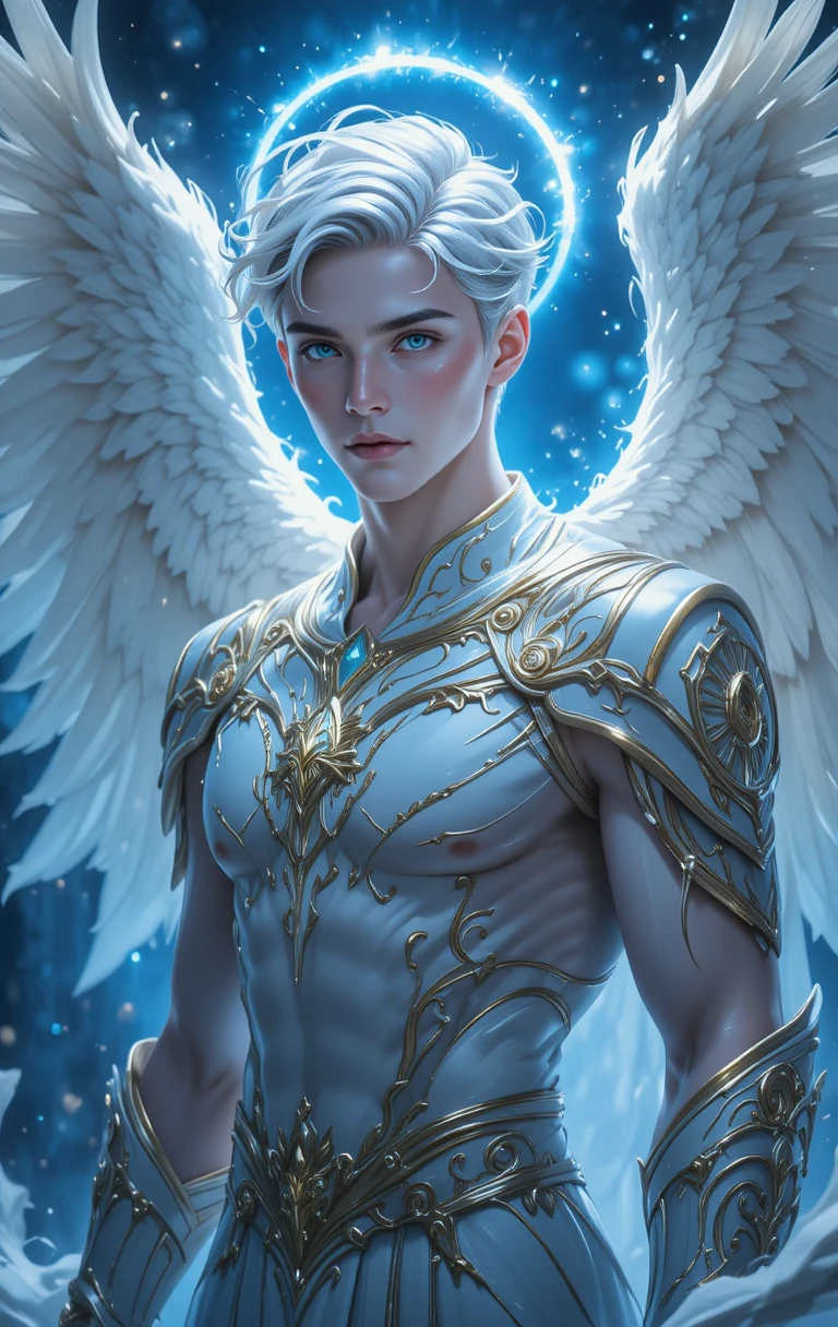 Guardián de anime alado con armadura blanca y dorada