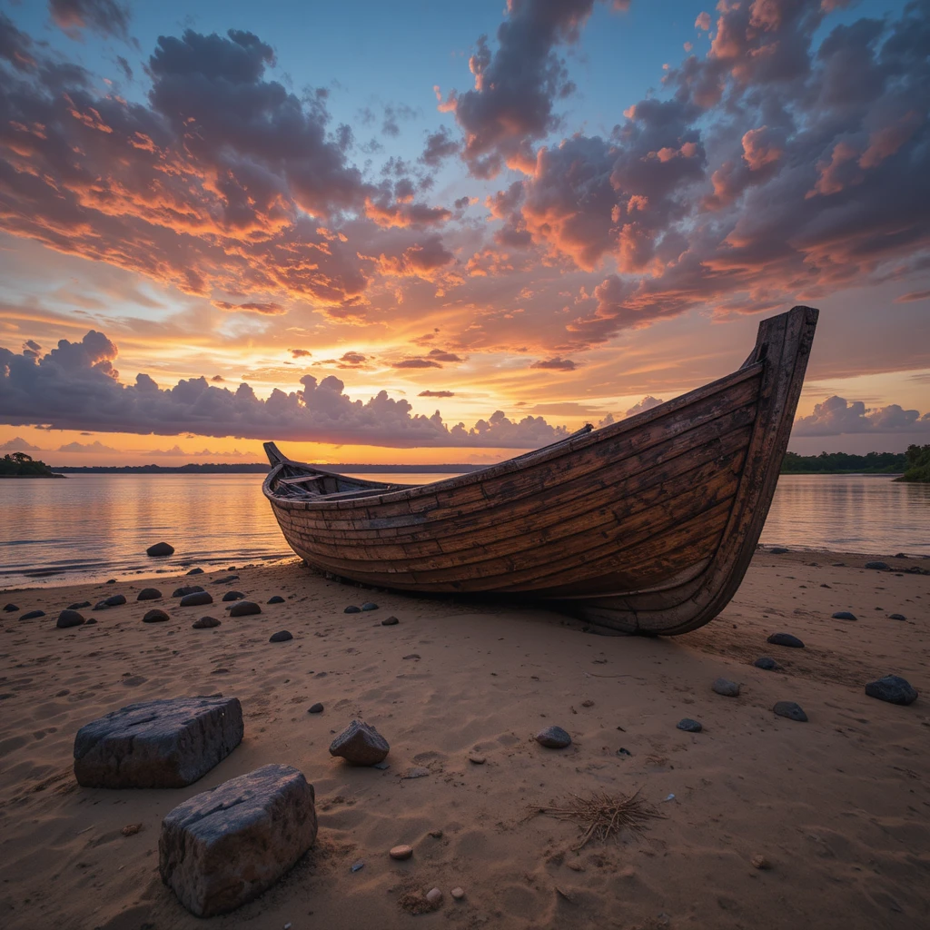 Barca de Madera Abandonada en la Orilla del Río al Atardecer con Cielo Colorido
