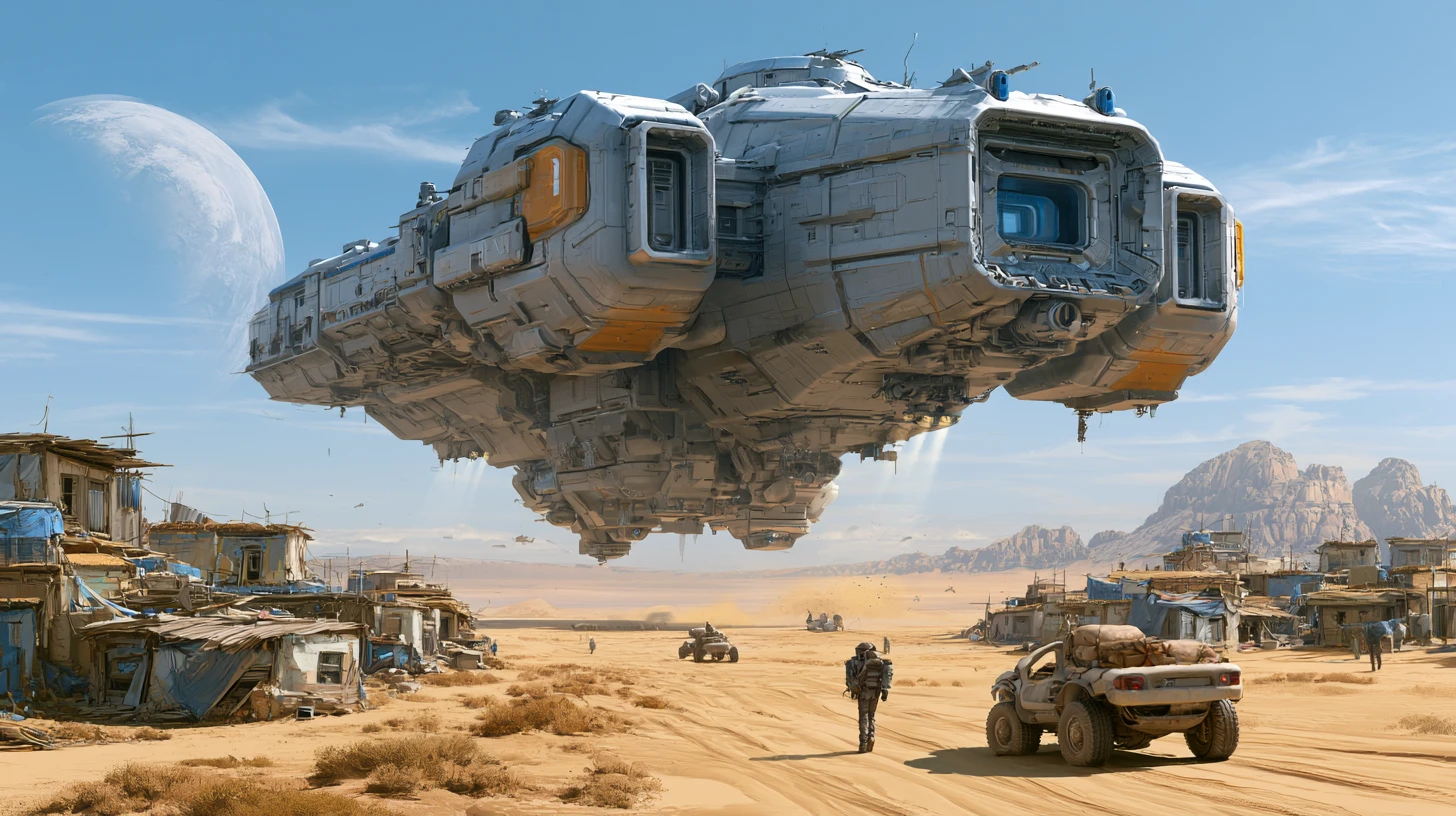 Enorme nave espacial aterrizando junto a una aldea remota en el desierto