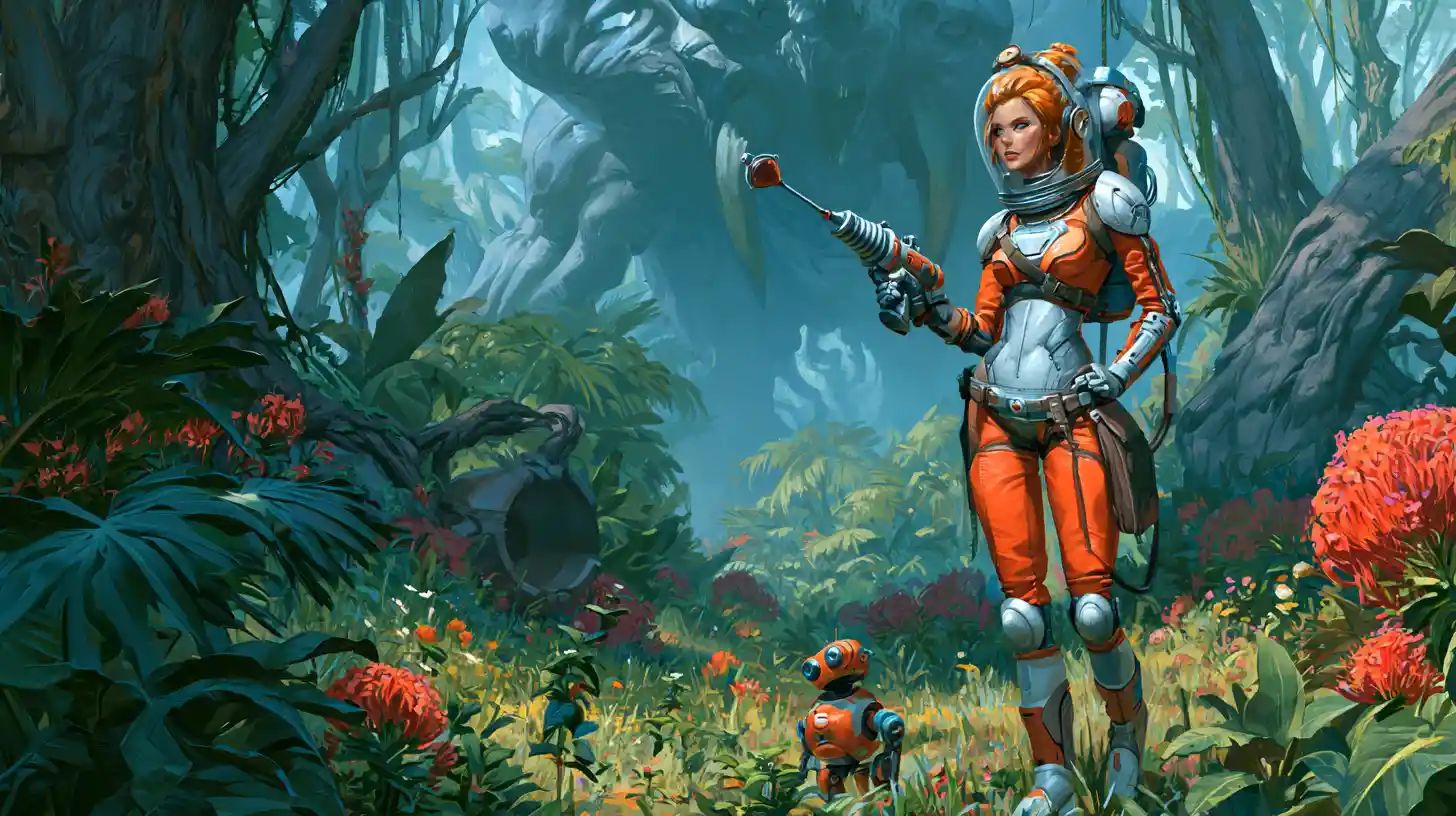 Space heroine in orange suit on lush alien jungle world