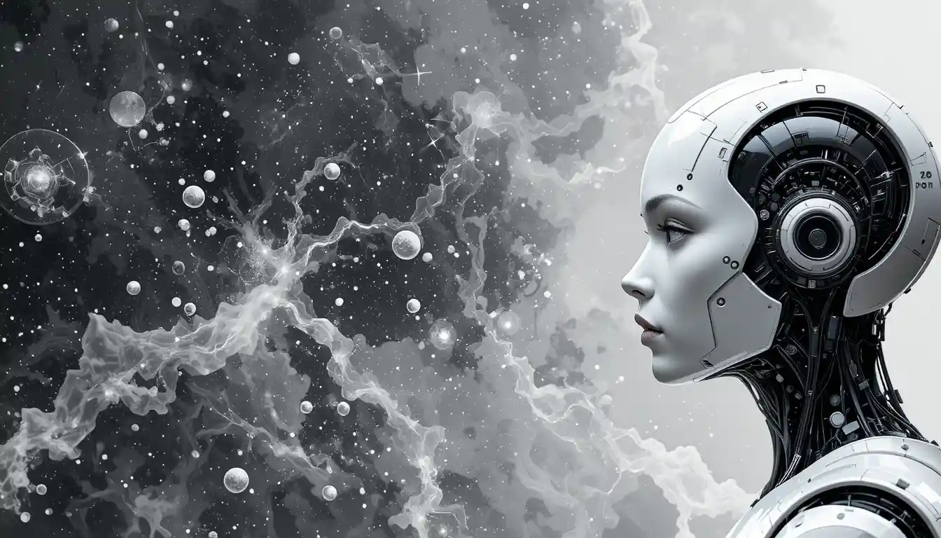 Black and white side profile of a beautiful female robot