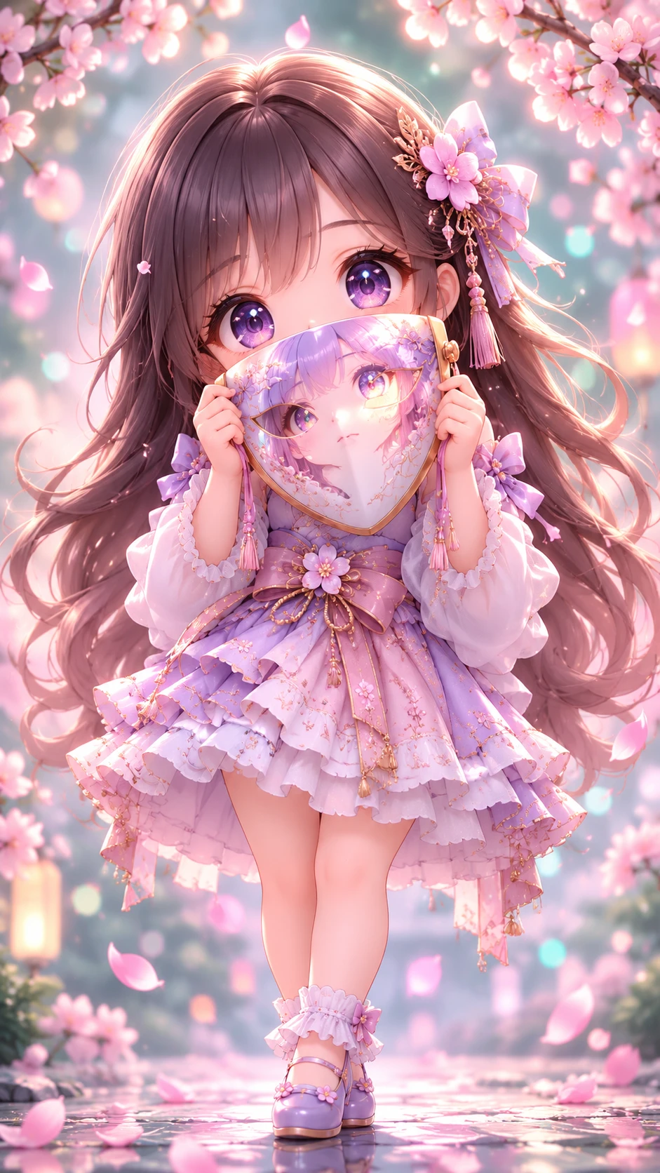 Chibi-Anime-Mädchen mit Porzellanmaske und sternenklarem Spiegelbild
