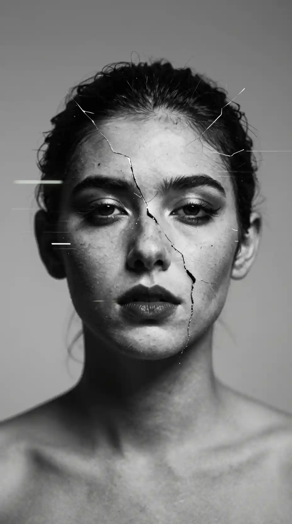 Fractured face graphic with moody colors and deep shadows