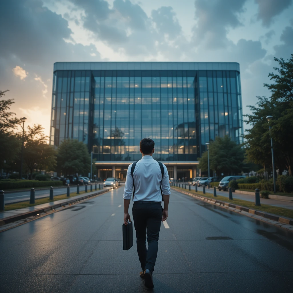 Joven caminando solo hacia una oficina corporativa de vidrio