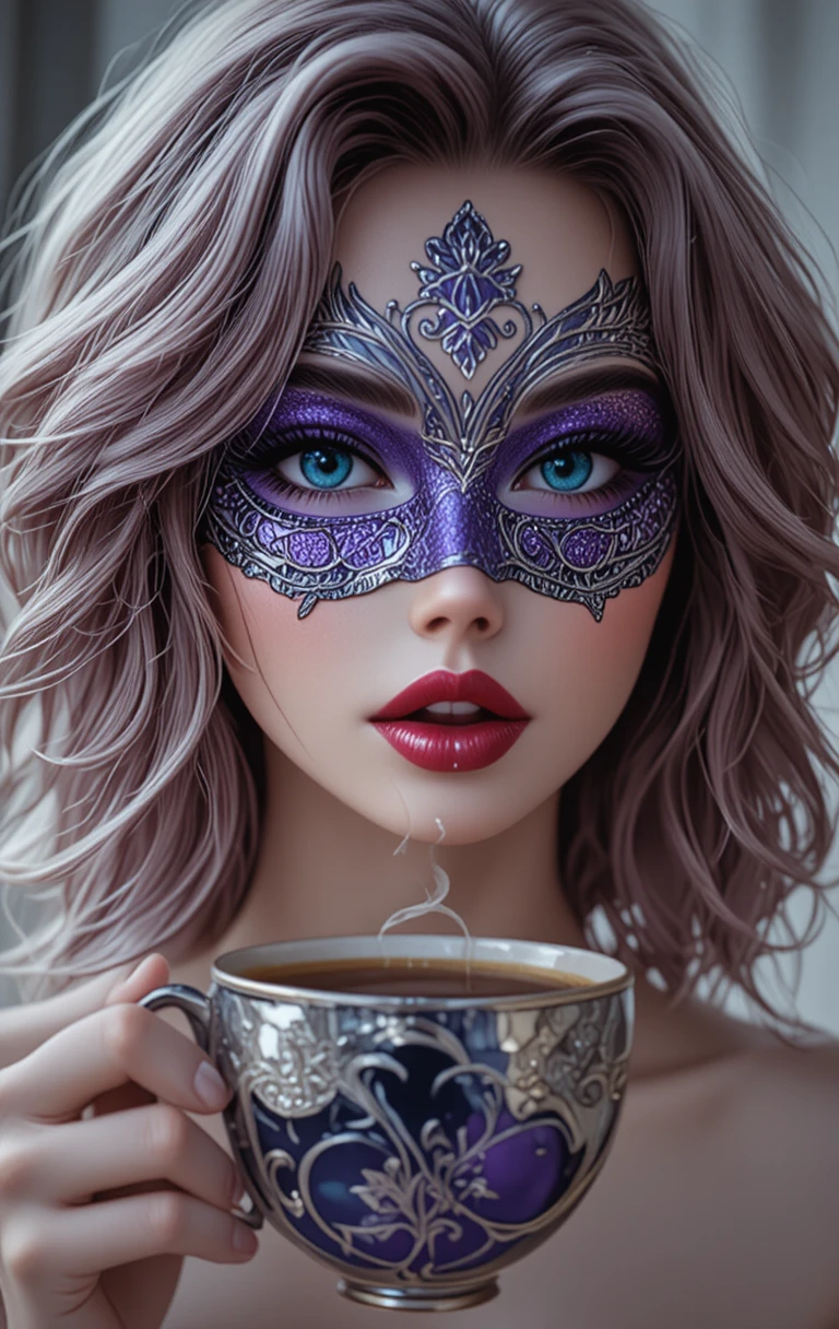 Mujer con máscara morada bebiendo café caliente en primer plano