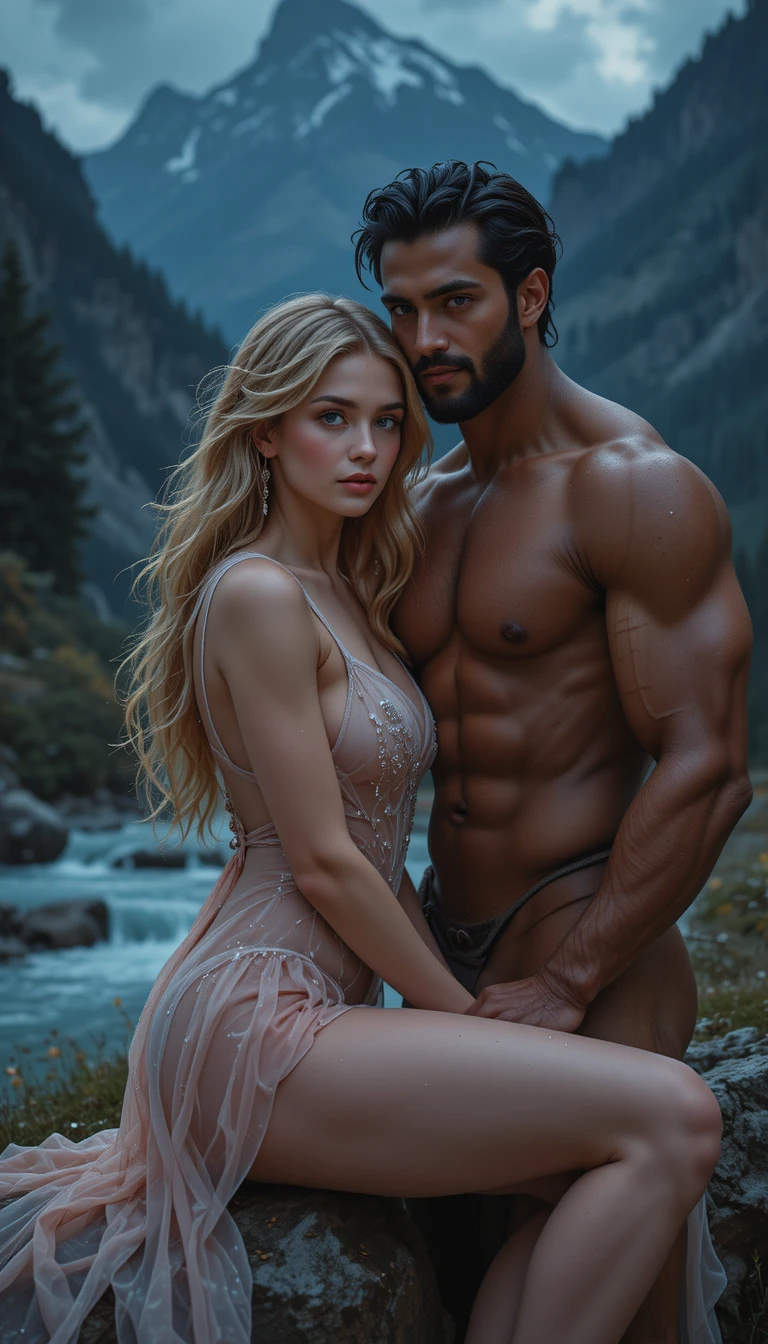 Mujer elegante junto a un arroyo de montaña de noche
