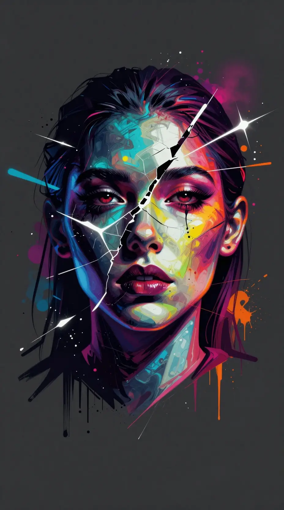 Fractured face design with colorful glitch shadows