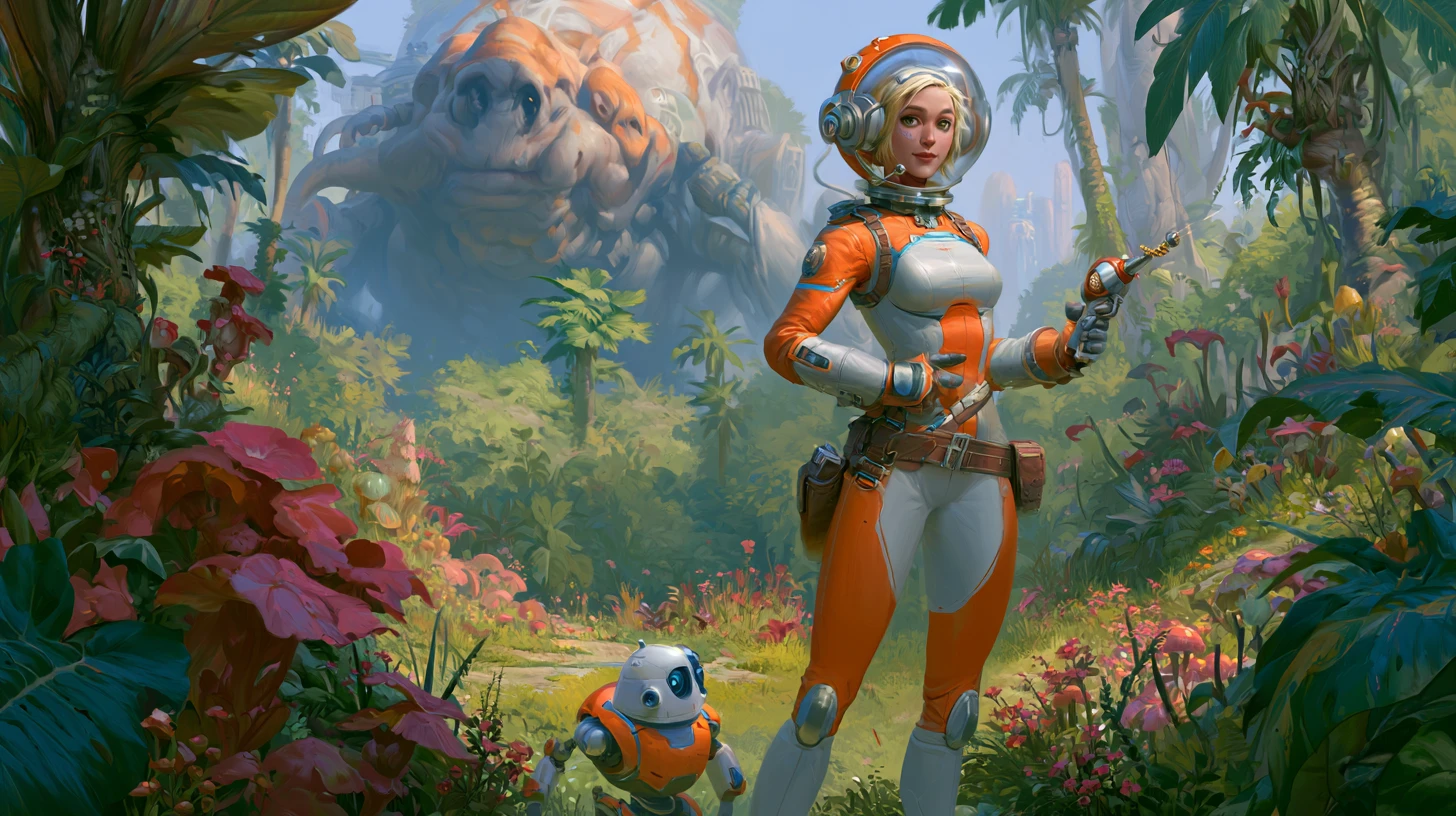Space heroine with ray gun on lush alien jungle world