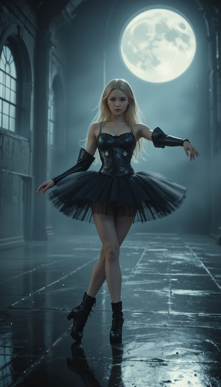 Bailarina con tutú de armadura negra bajo ventanas a la luz de la luna