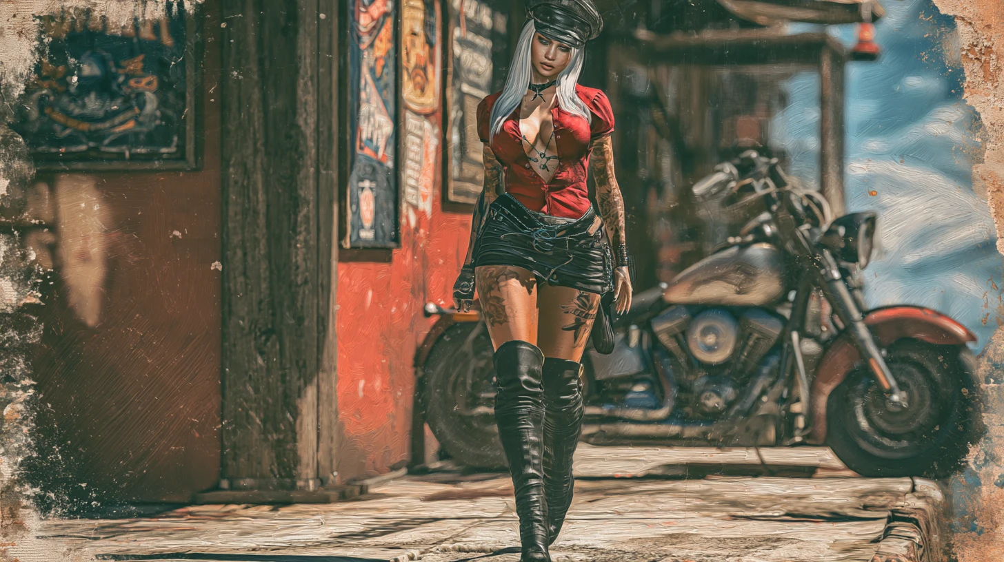 Tattooed biker woman walking outside urban bar at night