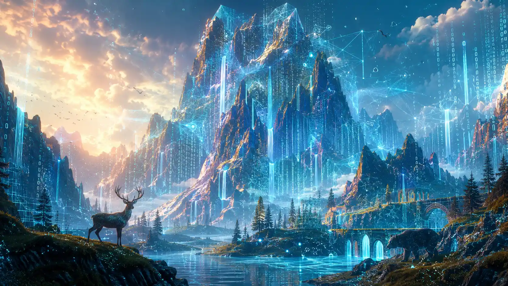 Cinematic mountains of flowing code in a surreal digital world