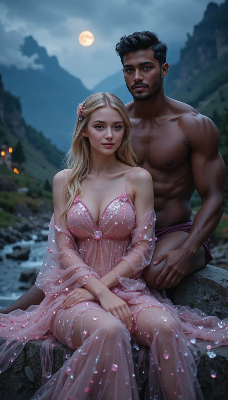 Elegant woman by a mountain stream at nightfall