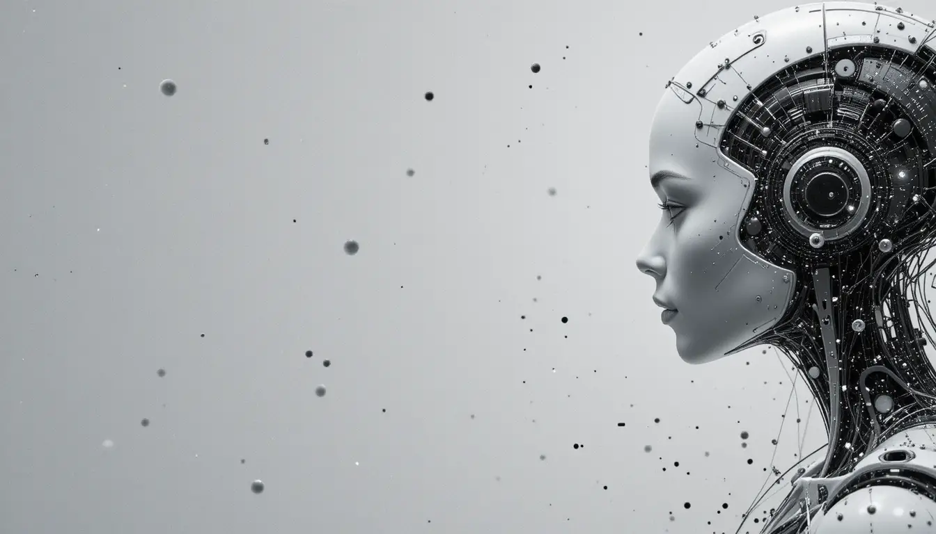 デジタルデータ背景の女性ロボットの横顔