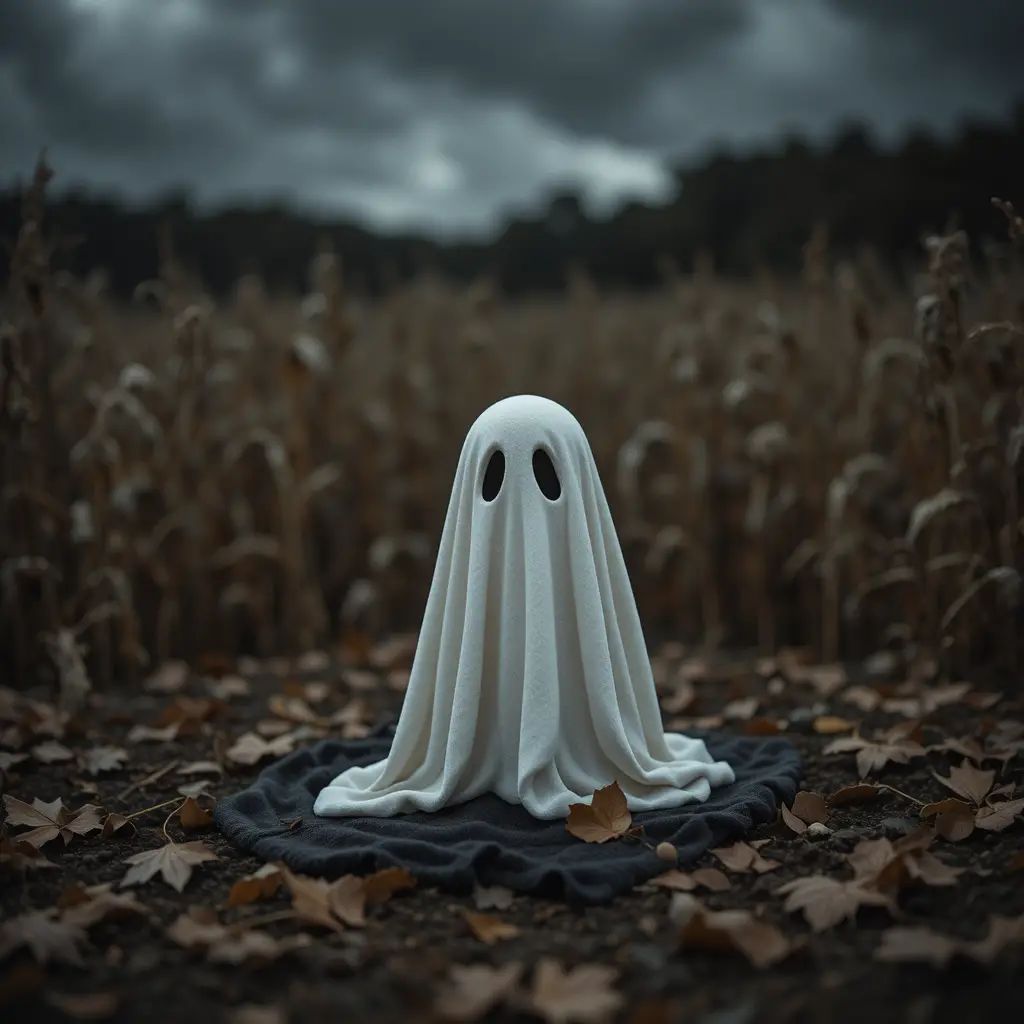 Small ghost figure on blanket in dark autumn cornfield