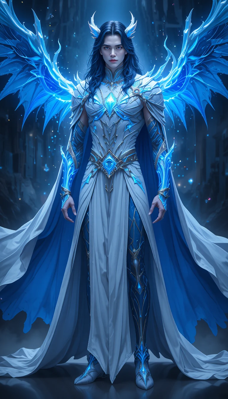 Hombre de anime con cuernos azules en túnicas blancas y azules luminosas