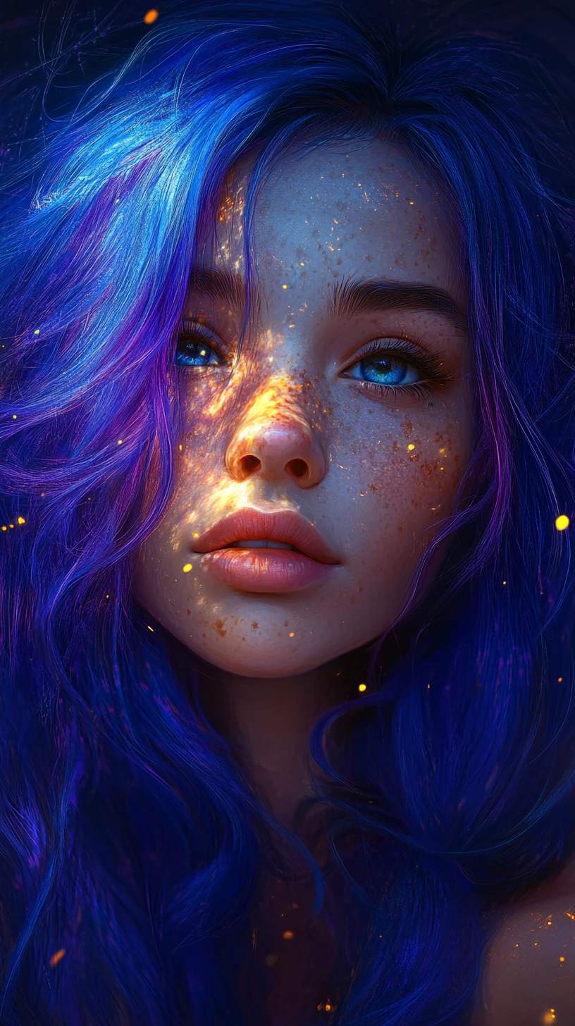 Retrato de fantasía de una chica con cabello púrpura y azul brillante