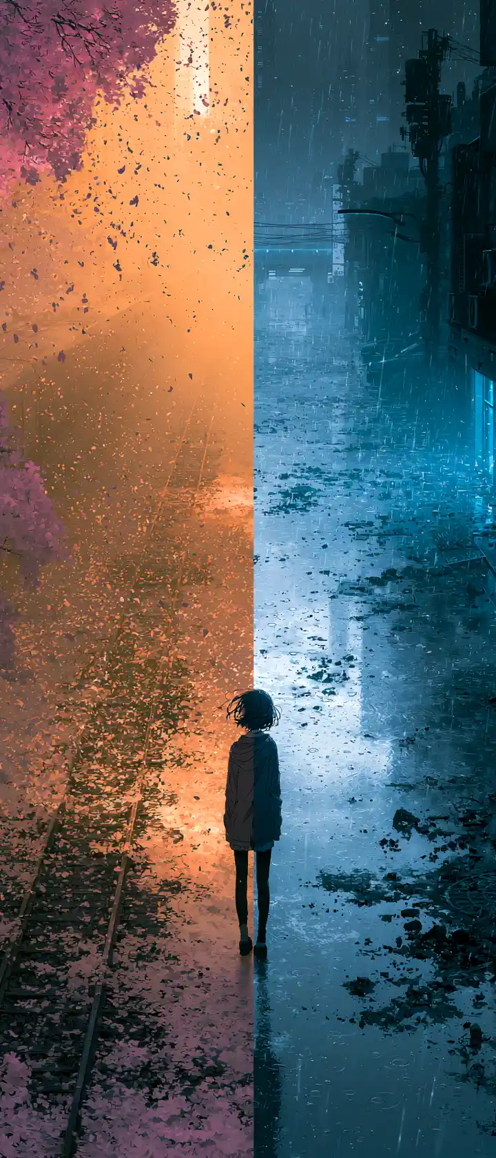 櫻花鐵道與雨夜賽博龐克街道之間的動漫少女