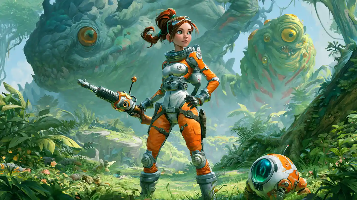 Space heroine with ray gun on lush alien jungle world