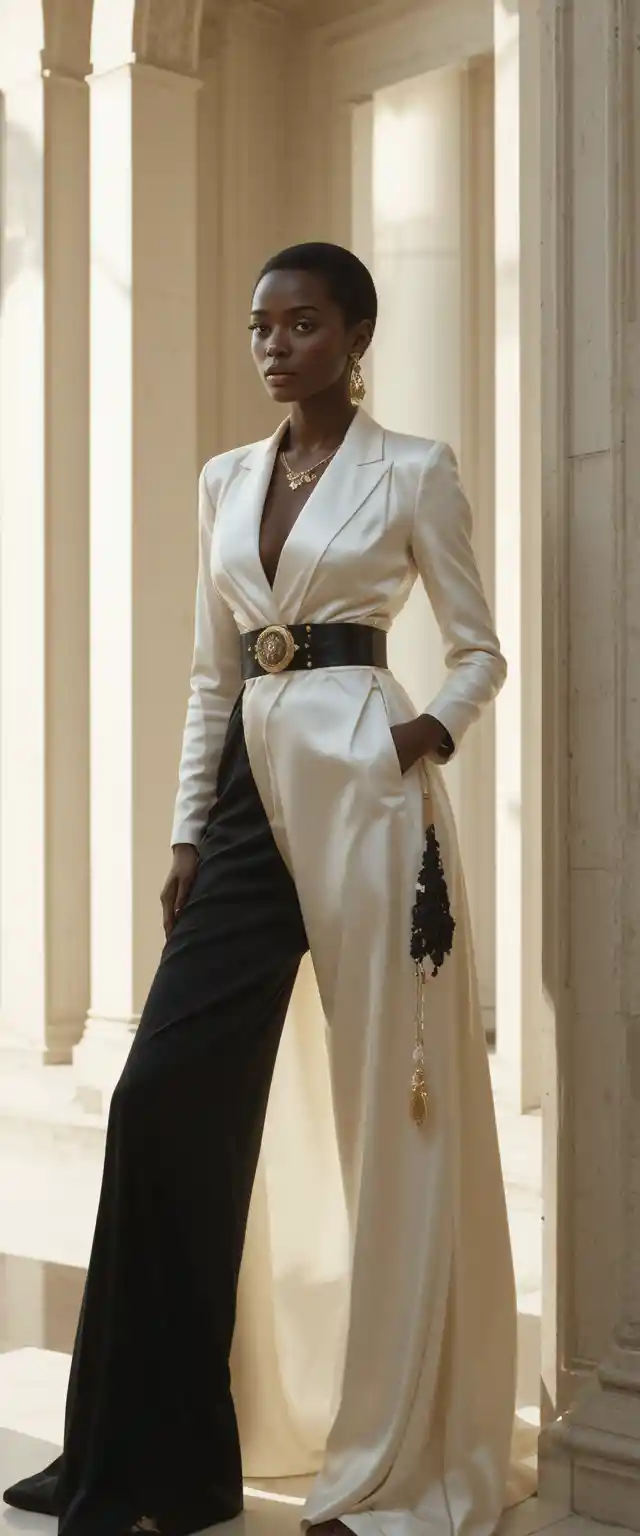 Mujer africana elegante en un entorno minimalista de moda de lujo