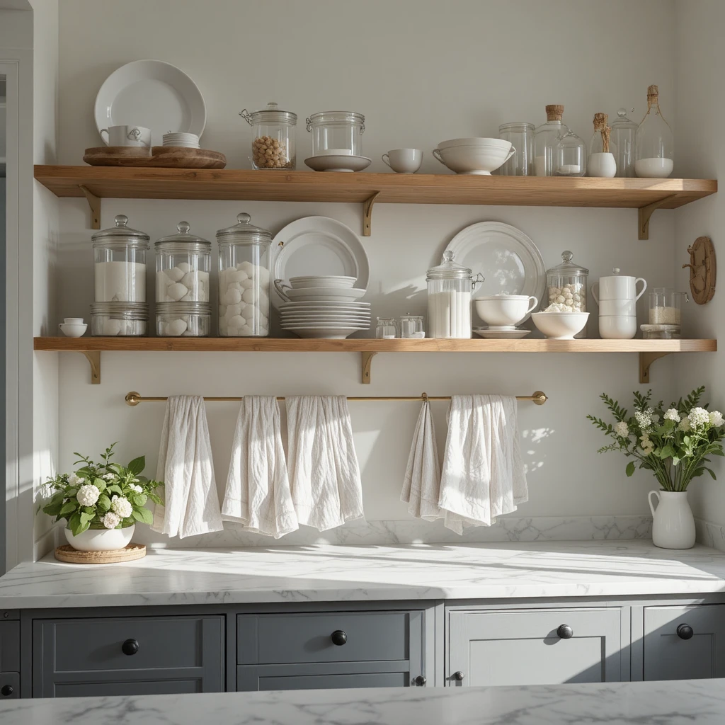 Cocina farmhouse moderna con estantes flotantes y superficies de mármol