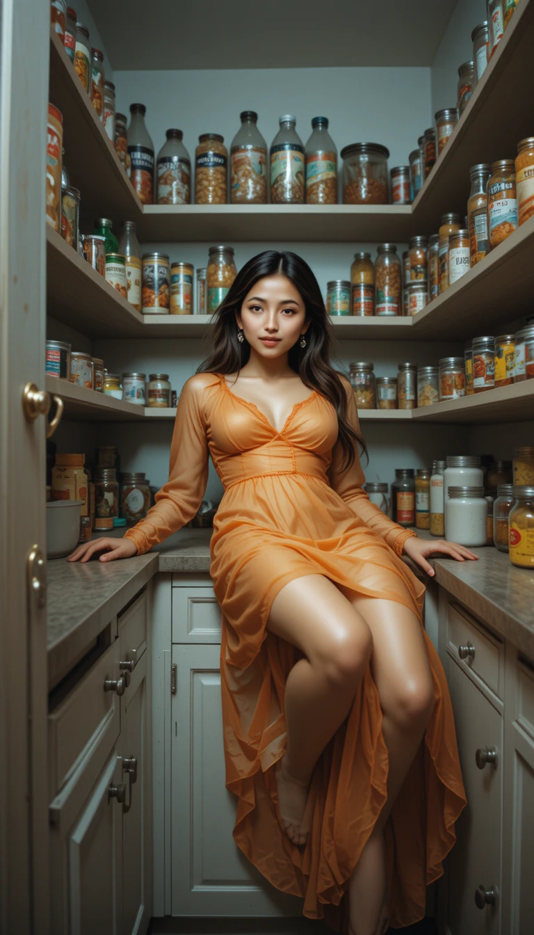 Mujer tímida con camisón naranja translúcido en la despensa de la cocina