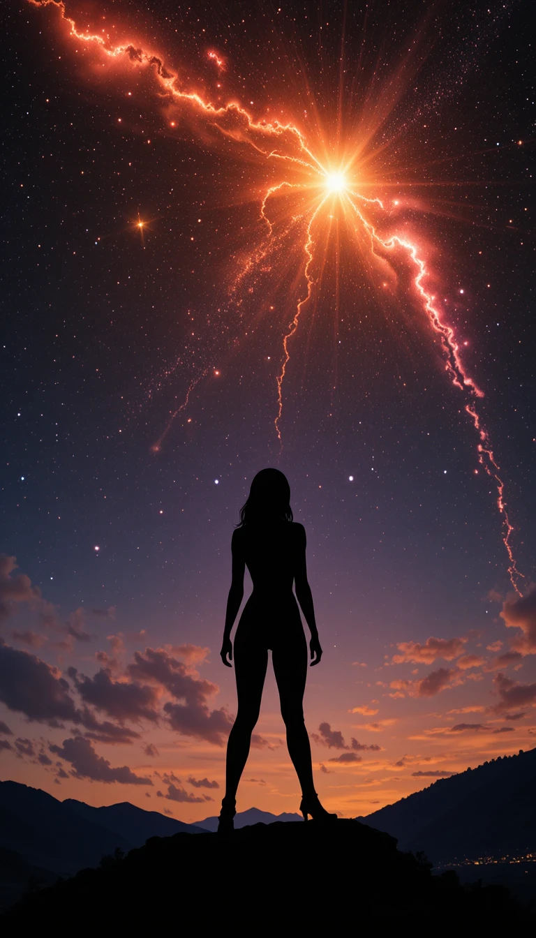 Silueta de una mujer en una cresta bajo un cielo con cometa