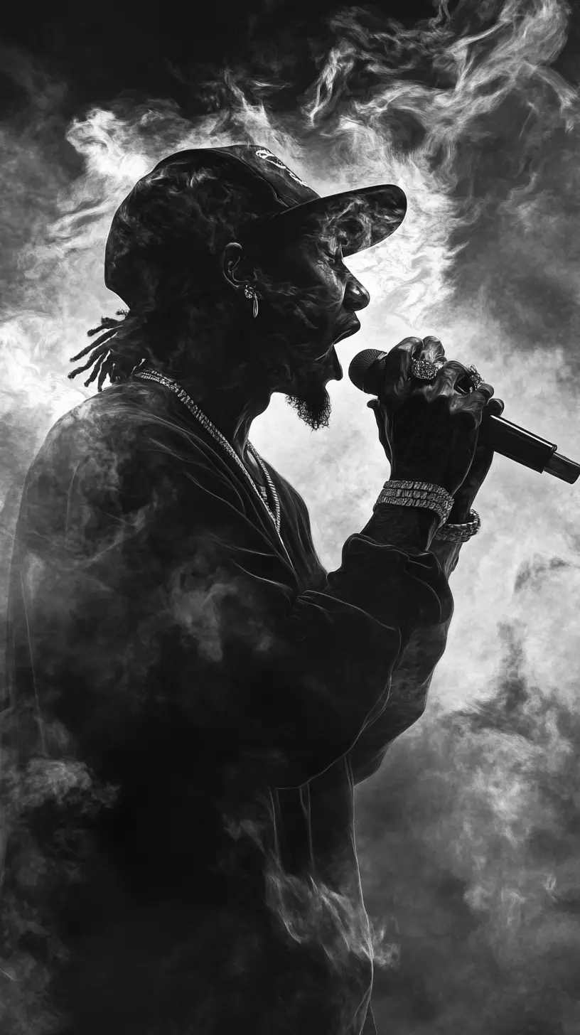 Rap-Performer mit Mikrofon in einem energiegeladenen Moment