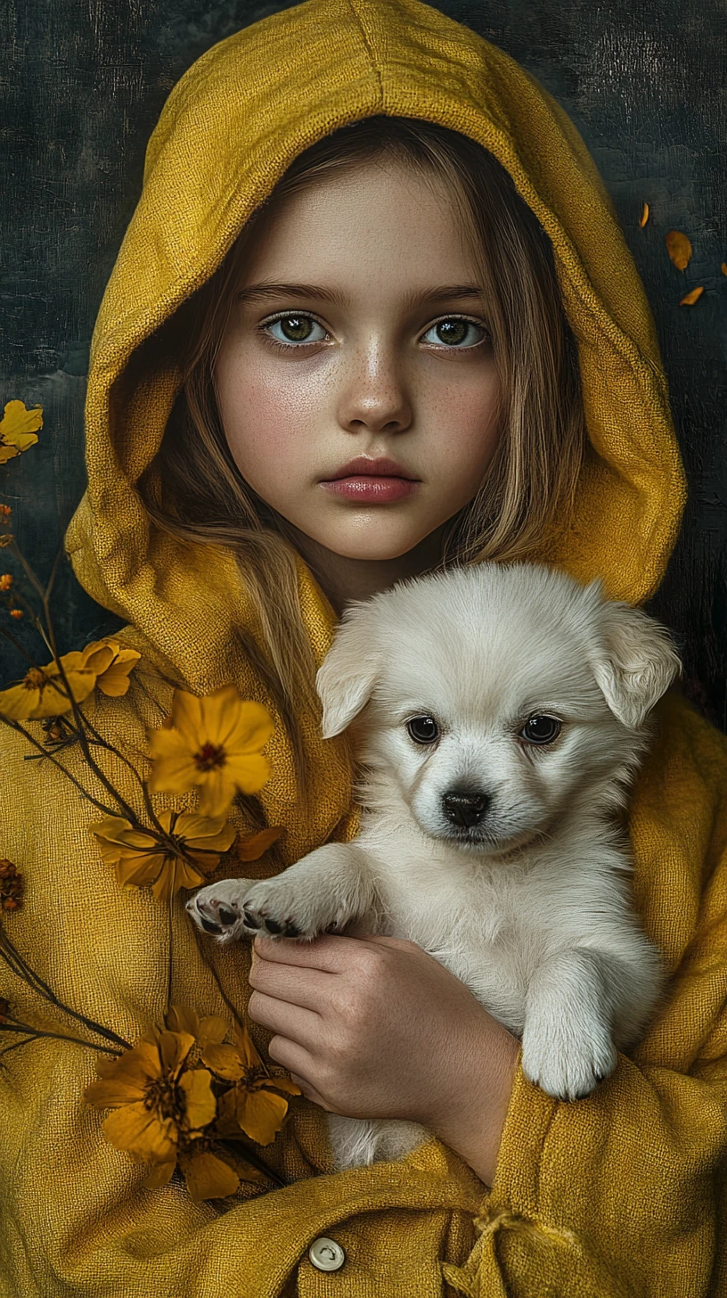 Niña seria con abrigo amarillo sosteniendo un cachorro blanco