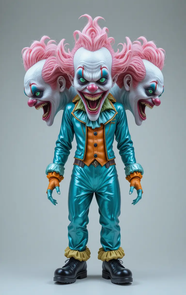 Grotesque three headed clown in metallic royal blue costume