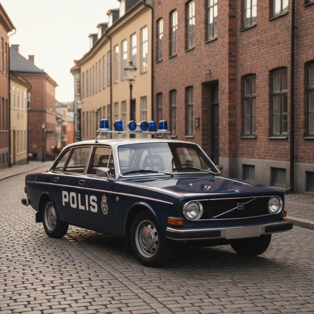 Coche de policía sueco vintage con clásico foco azul en el techo