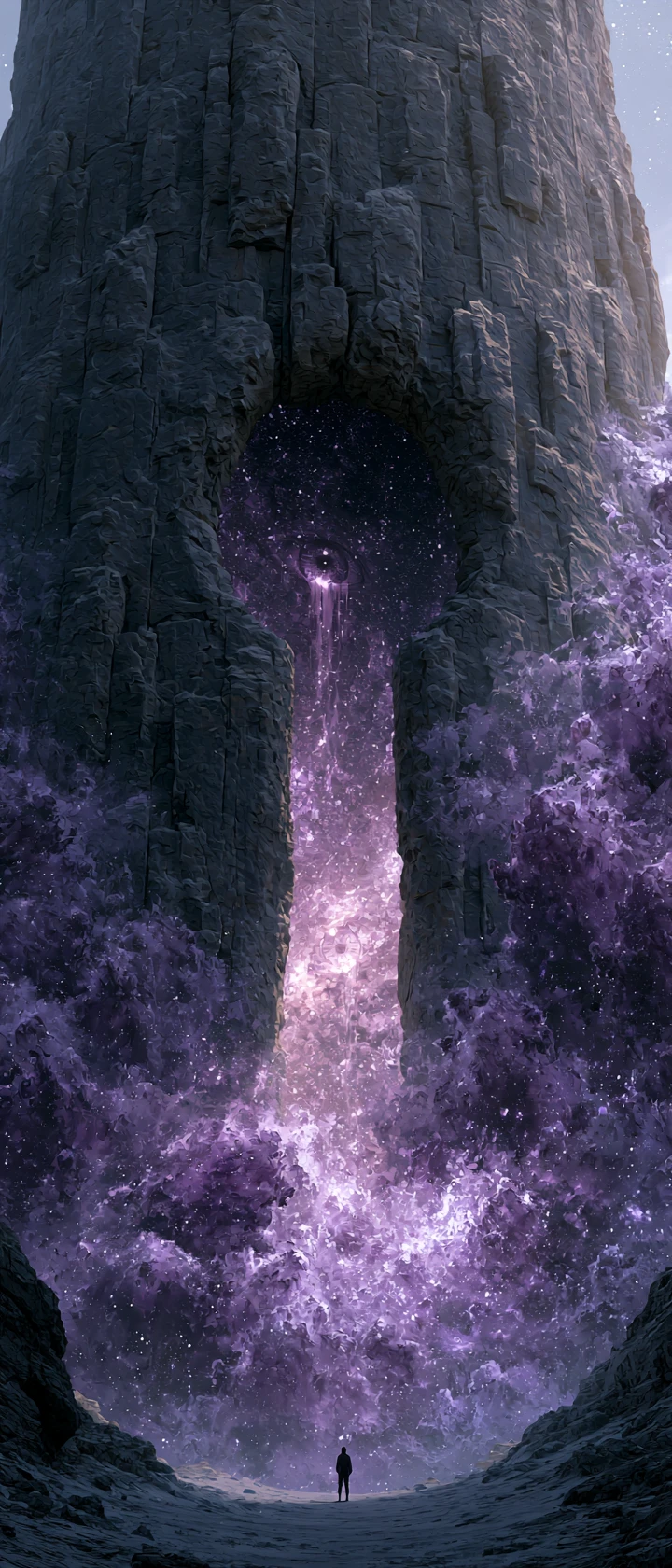 Tiny traveler before colossal monolith and cosmic keyhole sky