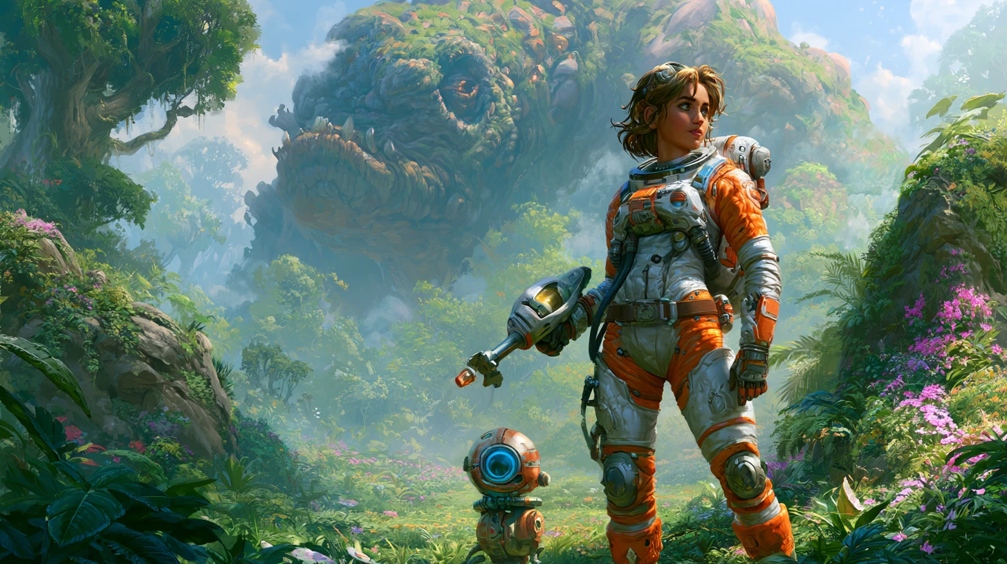 Space heroine with ray gun on lush alien jungle world