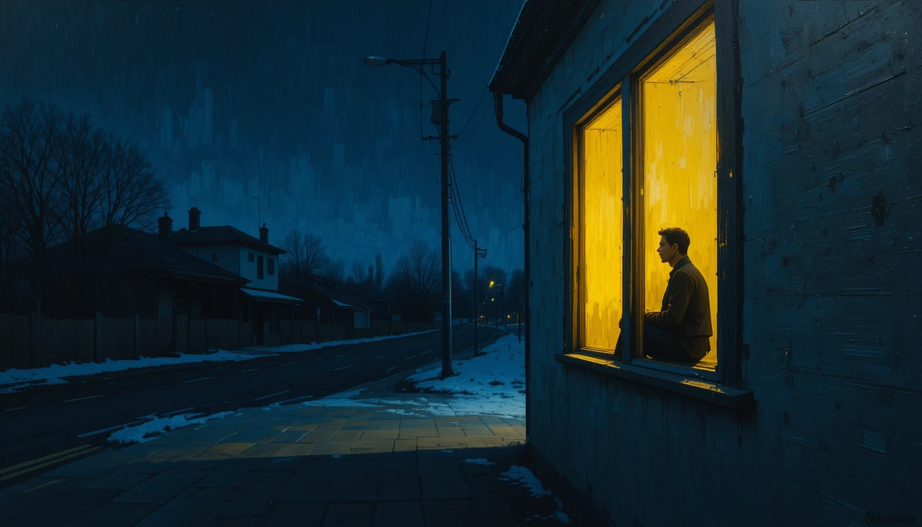 Figura solitaria en una ventana luminosa en una calle tranquila de noche