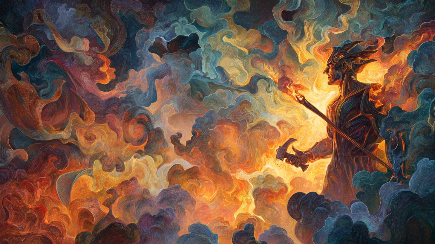 Dios del fuego forjando un ser luminoso entre llamas desatadas
