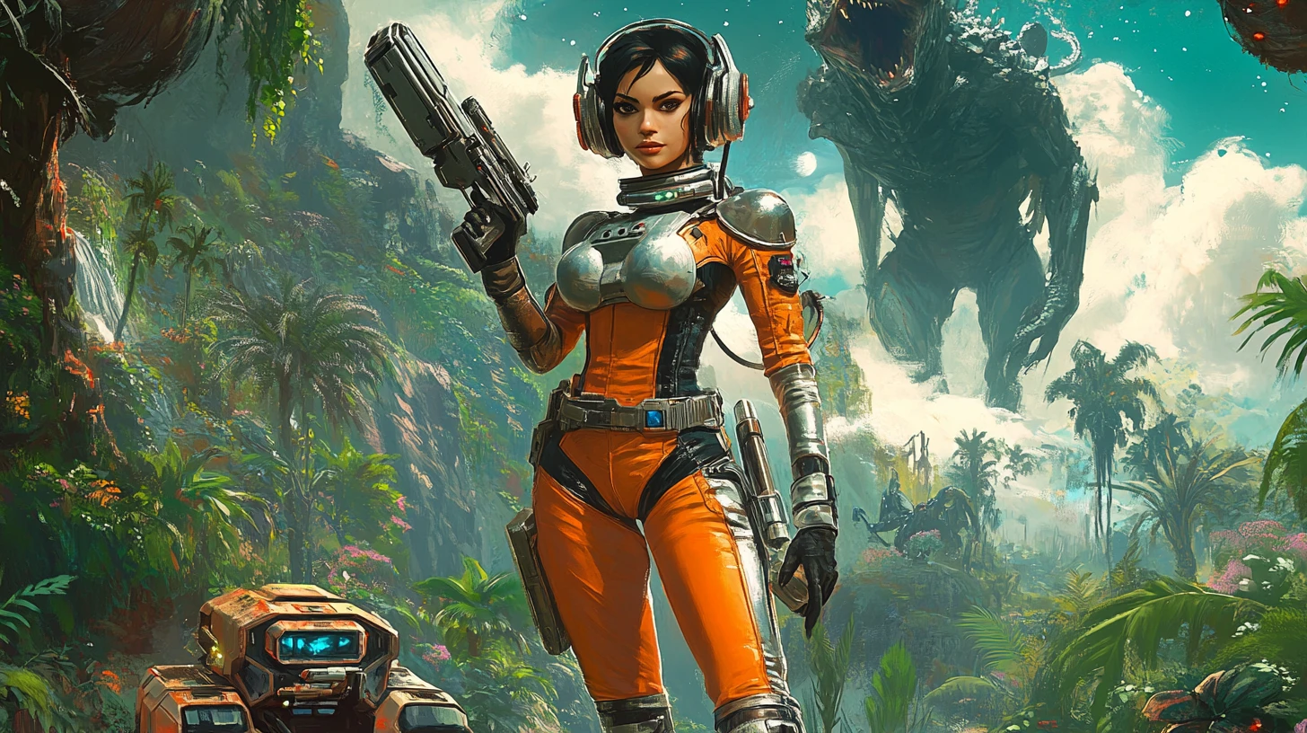 Space heroine with ray gun on lush alien jungle world