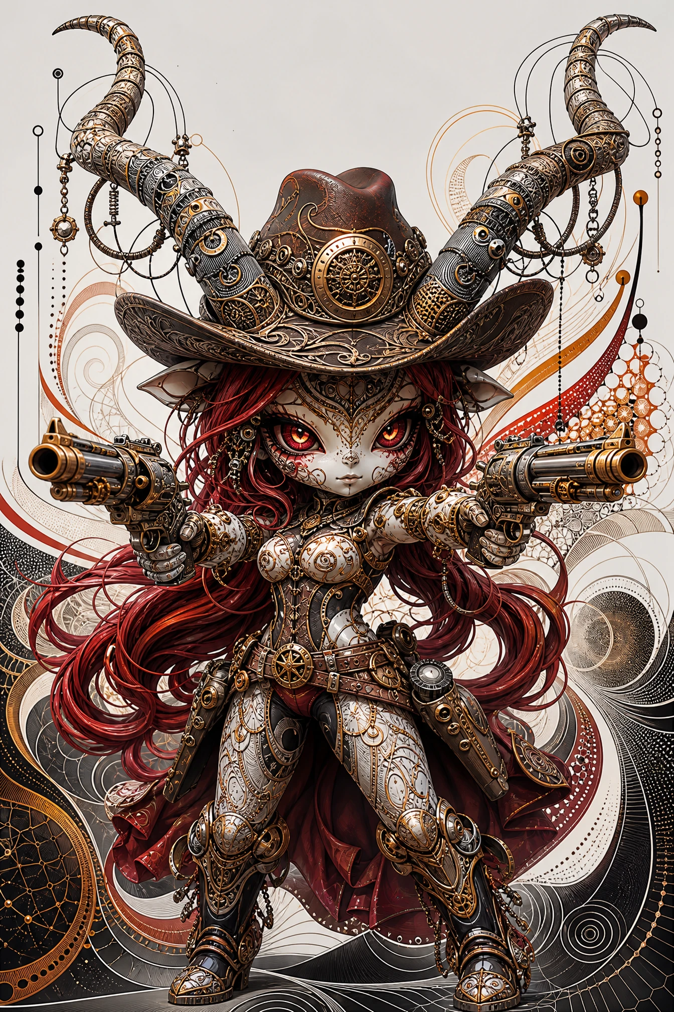 Fractal demon cowgirl aiming twin steampunk pistols
