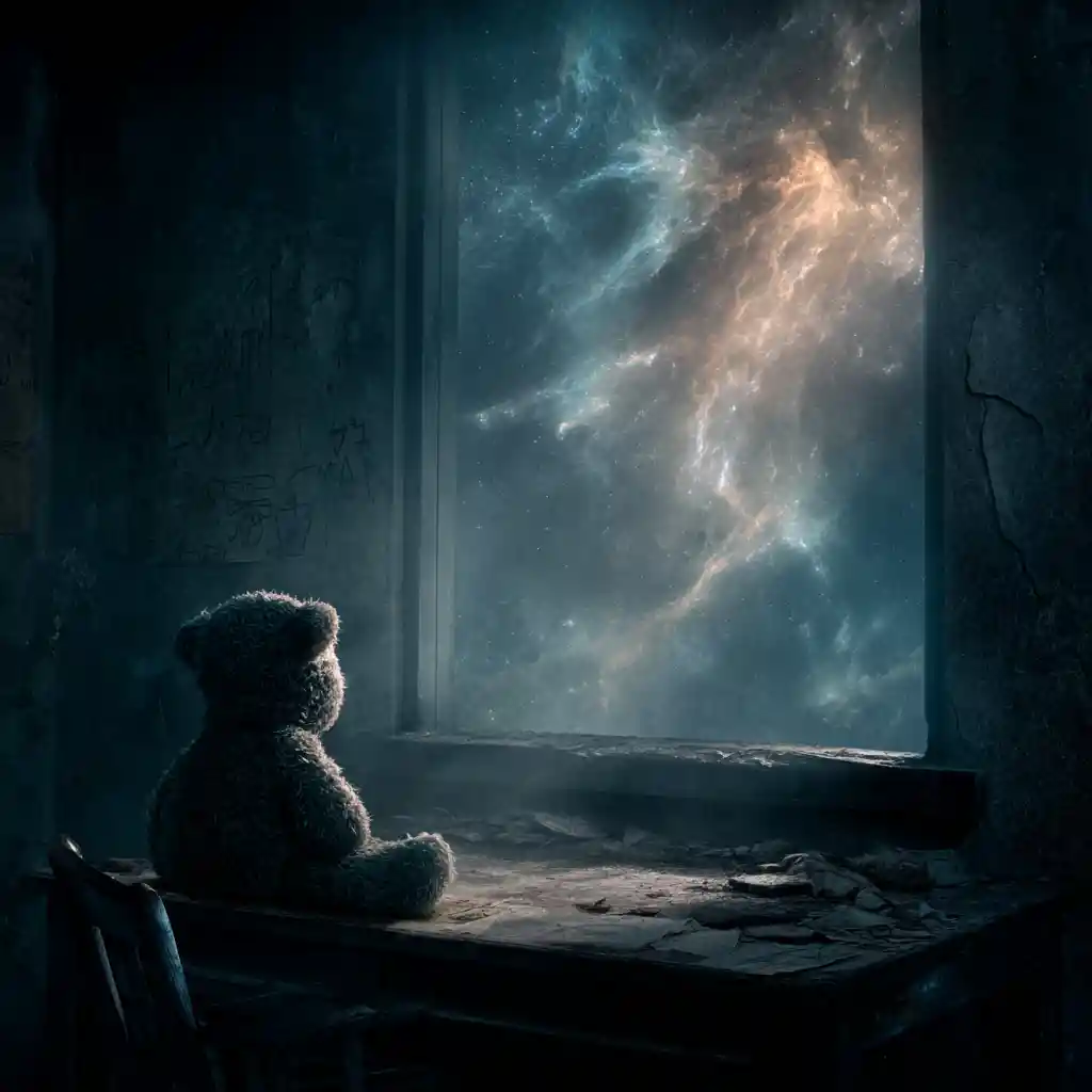 Worn teddy bear on dusty desk under eerie cosmic glow