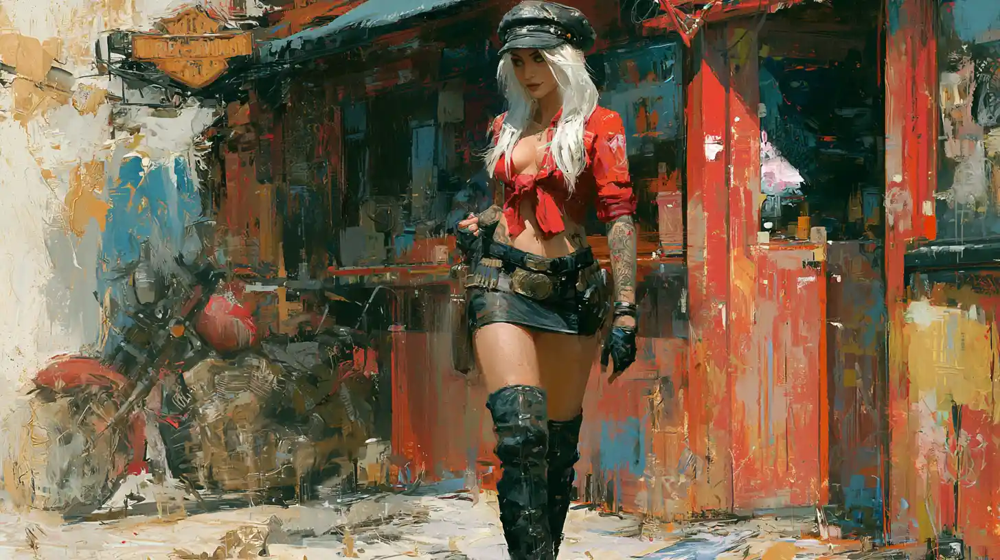 Tattooed biker woman walking confidently outside bar