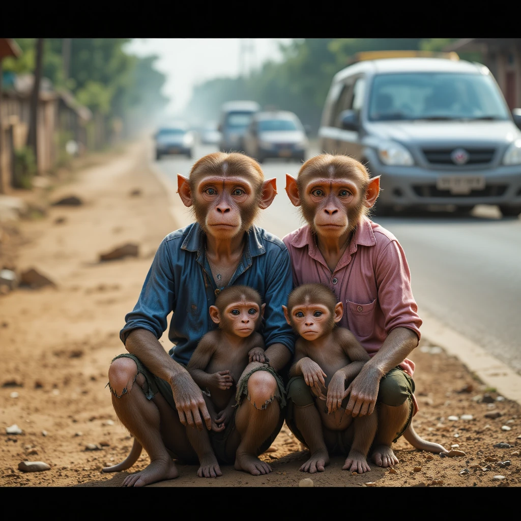 Poor monkey family sitting beside a busy indian roadside