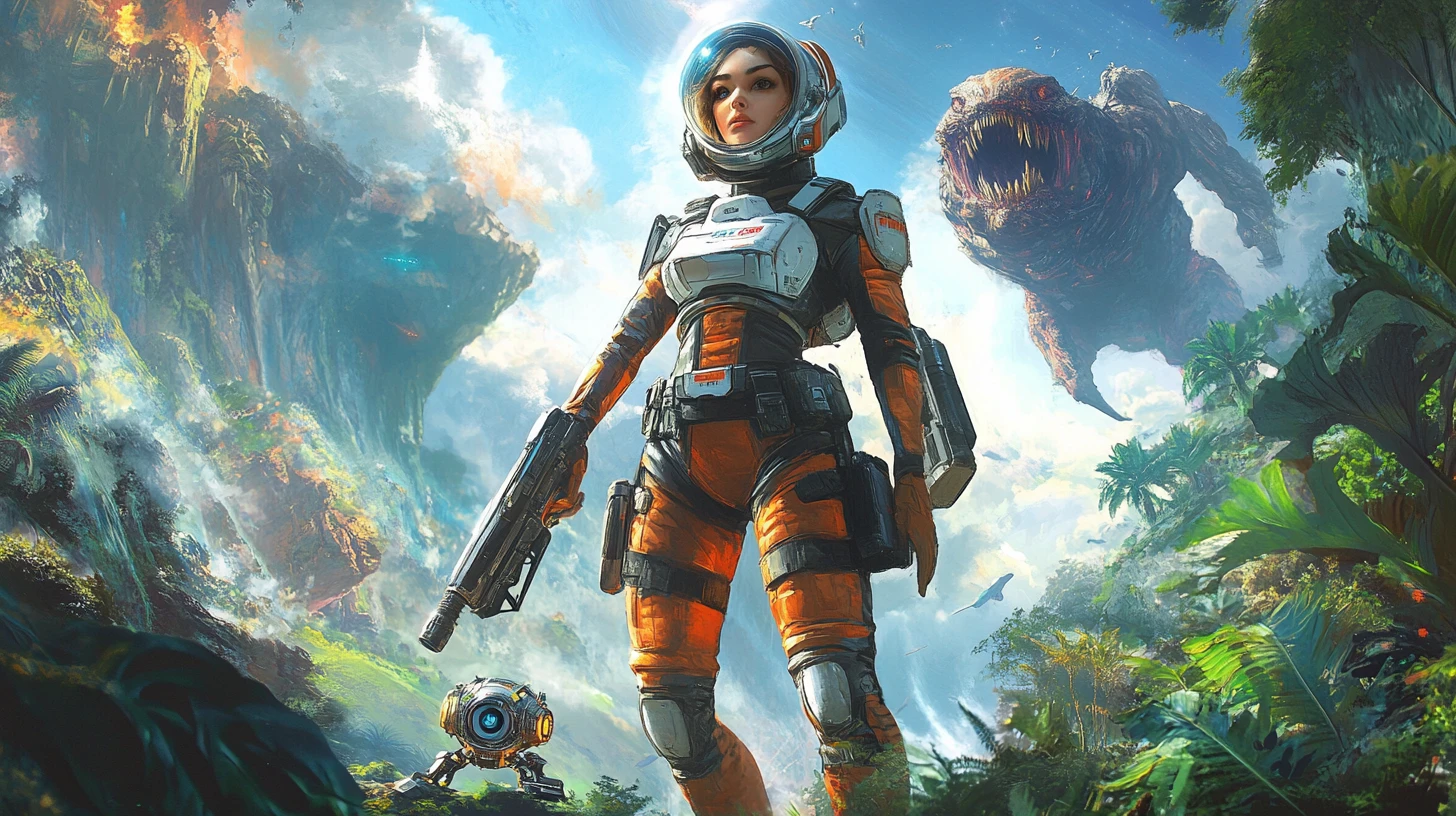 Mujer espacial con pistola de rayos en un exuberante mundo de jungla alienígena