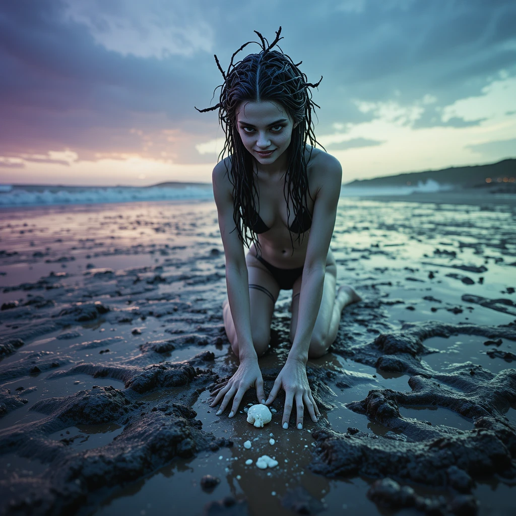 Figura andrógina en un ritual surreal al amanecer en la playa